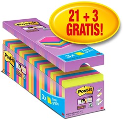 Memoblok zelfklevend 3M Post-it 654 Super Sticky assorti 76x76mm valuepack 21+3 gratis