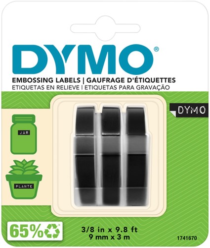 Labeltape Dymo 3D 9mmx3m  wit op zwart 3 stuks.