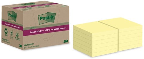 Memoblok 3M Post-it 654 Super Sticky 76mmX76mm recycled geel 12 stuks