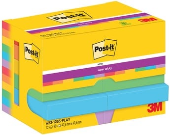 Memoblok 3M Post-it 622 Super Sticky 47,6x47,6mm PLAY 12 stuks