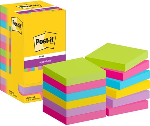 Memoblok 3M Post-it 654 Super Sticky 76x76mm 90 vel rainbow 12 bloks