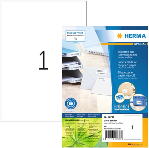 Etiket Herma 10738 Recycling 210x297mm wit 80 vel 80 stuks