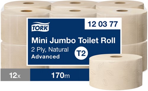 Toiletpapier Tork T2 Advanced Jumbo klein 2-laags 170 meter naturel krimp à 12 rol 120377