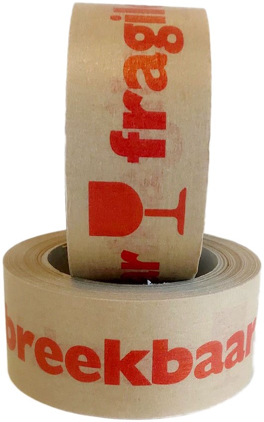 Papier tape 50mm x 66m opdruk in rood: fragile + breekbaar + glaasje