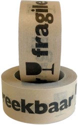 Papier tape 50mm x 66m bruin met opdruk in zwart: fragile + breekbaar + glaasje