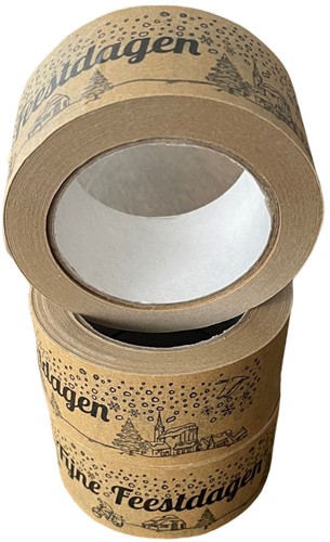 Papier tape 50mm x 50m bruin met opdruk in zwart: Fijne feestdagen