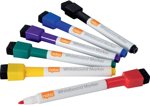 Whiteboard marker Nobo mini met magneet en wisser 6-delig assorti