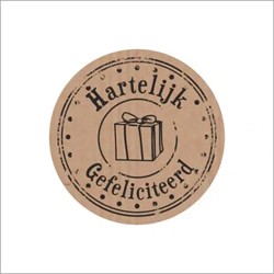 Cadeau etiket ø35mm kraft met zwarte opdruk: 'Hartelijk Gefeliciteerd' rol 500 etiketten