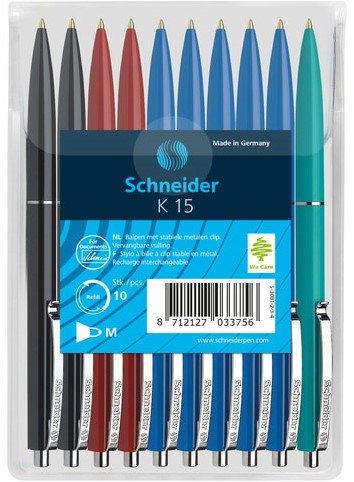 Balpen Schneider K15 met drukknop 10 stuks assorti kleuren.