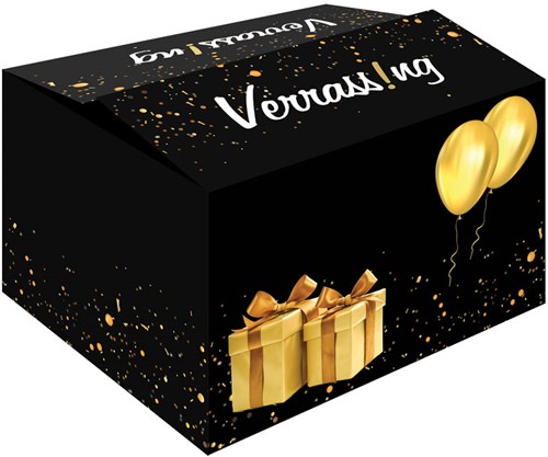 Geschenkverpakking 'Verrassing' (lxbxh)390x290x232mm dubbelgolf bedrukt met cadeaus+ballonnen. 