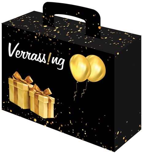 Geschenkverpakking 'Verrassing koffer' (lxbxh)310x230x90mm dubbelgolf bedrukt met cadeaus+ballonnen.
