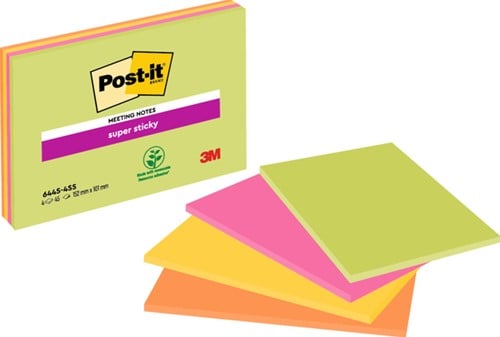 Memoblok 3M post-it 6445-4SS Super Sticky 152x101mm neon 4 stuks