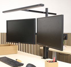 Monitorarm voor 2 schermen + Elite Lumino lamp Unilux Axio zwart