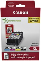 Inktcartridge Canon CLI-581XL 4 kleuren +50 vel fotopapier 10x15cm