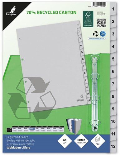Tabbladen Kangaro ECO A4 4-gaats 1-12 karton grijs K412C