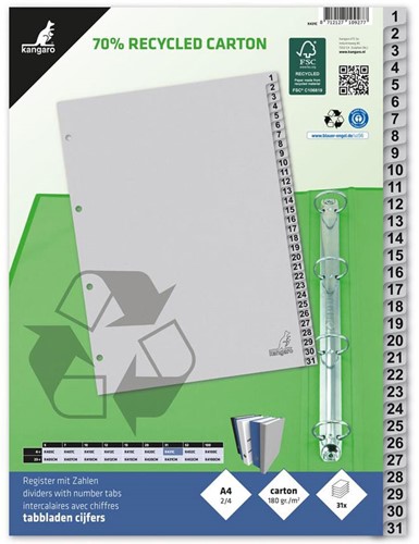 Tabbladen Kangaro ECO A4 4-gaats 1-31 karton grijs K431C