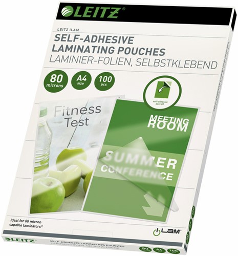 Lamineerhoes Leitz A4 2x80 micron glanzend ZELFKLEVEND en verplaatsbaar 100 stuks