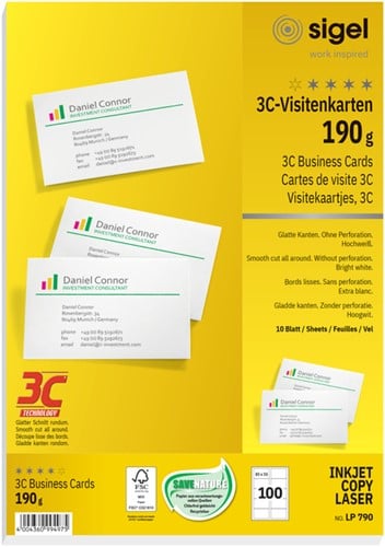Visitekaartjes Sigel 190 grams 85x55mm gladde zijden wit 100 kaarten
