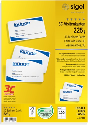 Visitekaartjes Sigel 225 grams 85x55mm afgeronde hoeken wit 100 kaarten