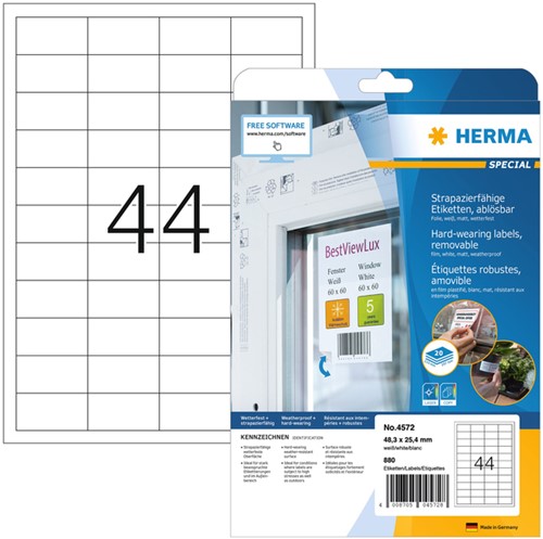 Etiket Herma 4572 A4 48,3X25,4mm polyester wit 20 vel 880 stuks