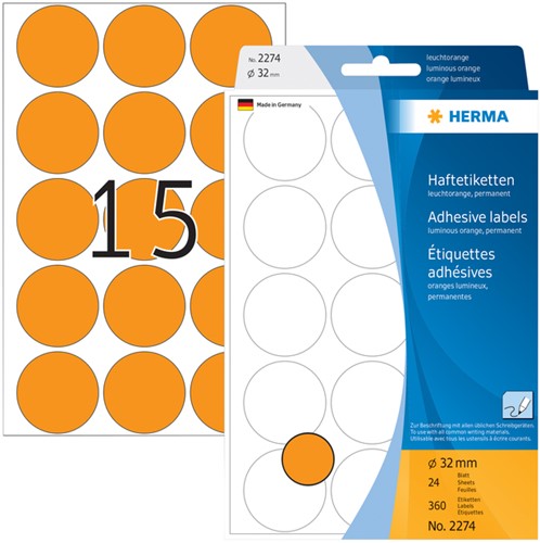 Etiket Herma 2274 Ø32mm fluor oranje 360 stuks-2