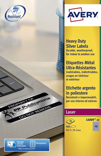 Etiket Avery L6009-20 A4 45,7x21,2mm zilver 20 vel 960 stuks-2