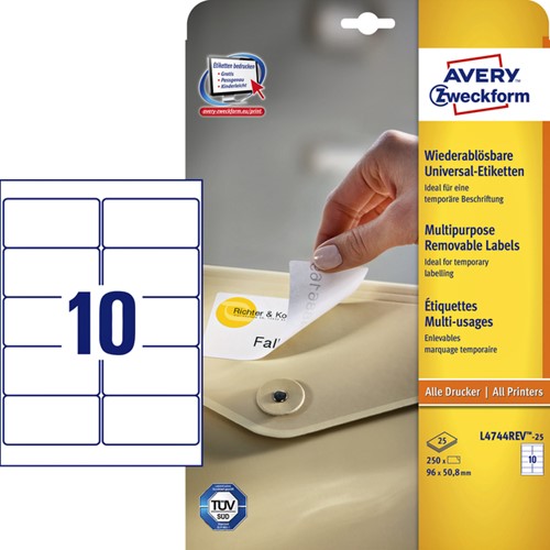 Etiket Avery L4744REV-25 A4 96x50,8mm verwijderbaar wit 25 vel 250 stuks