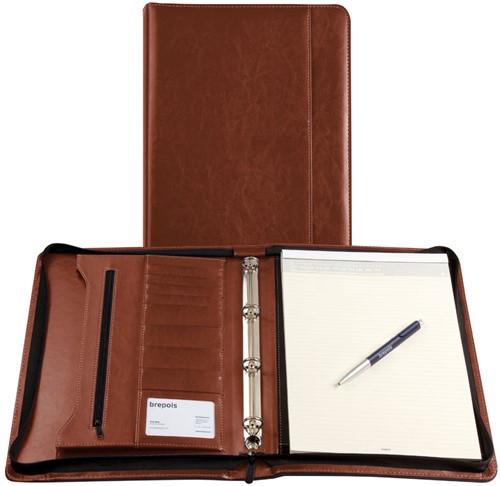 Schrijfmap Brepols Palermo A4 25,5x34,7cm 4r-mechaniek lederlook bruin