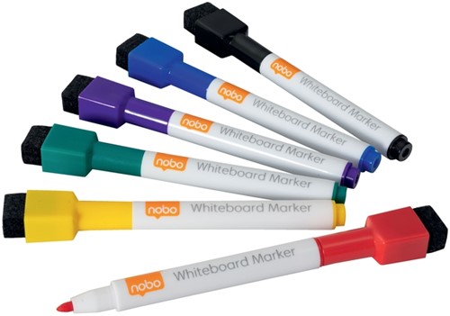 Whiteboard marker Nobo mini met magneet en wisser 6-delig assorti