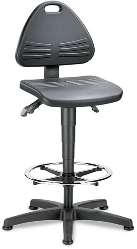 Werkplaatsstoel Bimos Isitec hoog zitting en rug soft pur, verstelbare voetring, voetkruis kunststof zwart en glijders. 