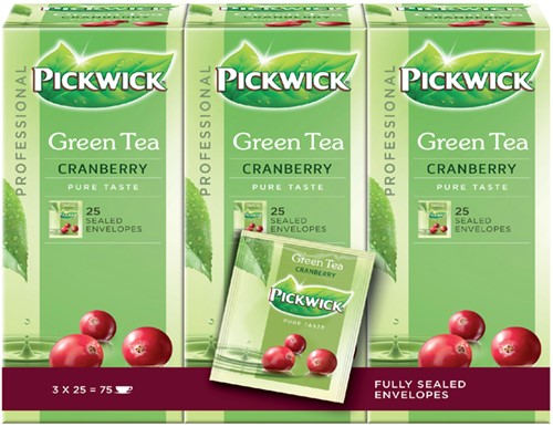 Thee Pickwick groene cranberry 25 zakjes van 1.5 gram. Afname per 3 pakjes.