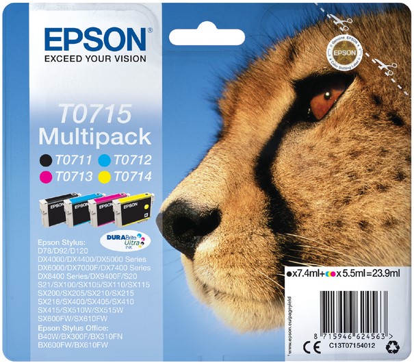 Inktcartridge Epson T0715 zwart + 3 kleuren.