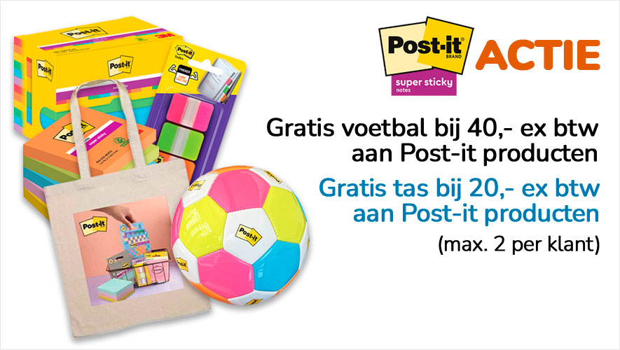Actie Post-it gratis voetbal of tas bij 40,- of 20,- aan Post-it artikelen!