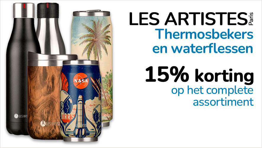 Actie Les Artistes Paris waterflessen, thermosbekers en thermosflessen nu met 15% korting