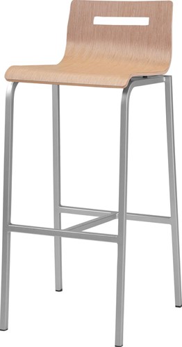 Barkruk Oscar 4-poots, vierkant 20 x 20 mm, zithoogte 82cm, kuip in beuken blank en frame kleur aluminium