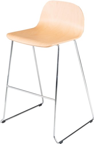 Barkruk Carvi sledeframe, draadstaal 11mm, zithoogte 82cm, kuip in beuken blank en frame verchroomd.
