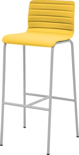 Barkruk Oscar 4-poots, rond 19 mm, zithoogte 82cm, kuip gestoffeerd geel en frame kleur aluminium.