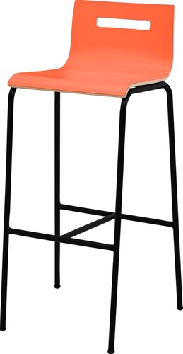 Barkruk Oscar 4-poots, rond 19 mm, zithoogte 82cm, kuip in laminaat rood en frame kleur zwart.