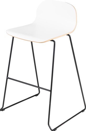 Barkruk Carvi sledeframe, draadstaal 11mm, zithoogte 82cm, kuip in laminaat wit en frame verchroomd zwart.