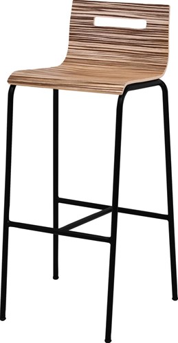 Barkruk Oscar 4-poots, rond 19 mm, zithoogte 82cm, kuip zebrano geel en frame kleur zwart.