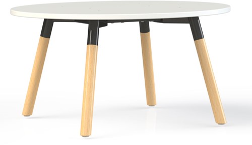 Bijzettafel Huislijn Corner rond 42 cm hoog, 80 cm doorsnede, blad wit en frame zwart met houten poten.