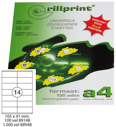 Etiket Rillprint A4 105x41mm wit 100 vel / 1.400 stuks universeel gebruik.