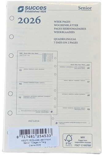 Agenda calendarium 2026 Succes Senior 7d/2 pagina's cremekleurig in cellofaan XSQ7C.26 900131