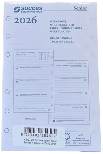 Agenda calendarium 2026 Succes Senior 9,5x15cm 7 dagen per 2 pagina's 4-talig wit in cellofaan XSQ7.26