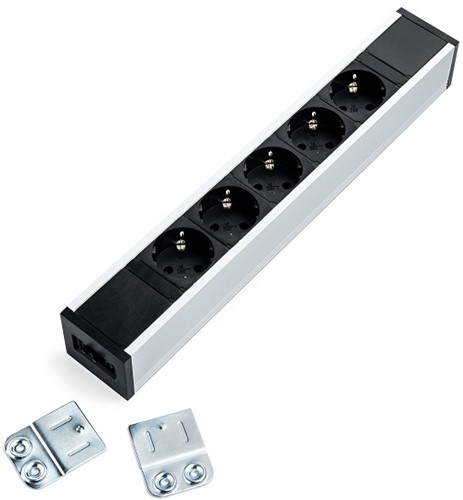 Design stekkerblok 5-voudig kleur binnenkant zwart en buitenkant aluminium incl. montage steun en aansluitkabel van 300 cm.